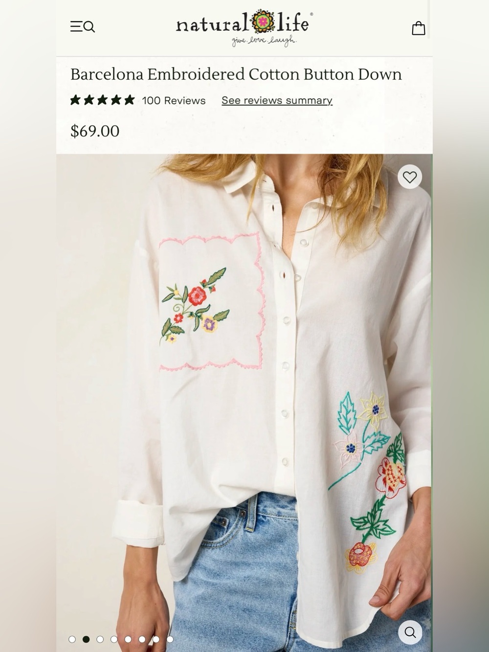 NWT NATURAL LIFE Barcelona Embroidered Cotton Button-Down Shirt - Picture 2 of 9